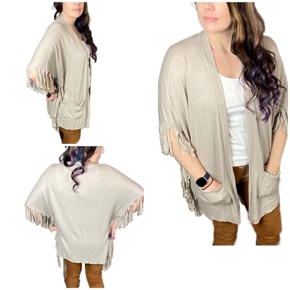 All @ Once light brown fringe pocket batwing knit cardigan. Size medium